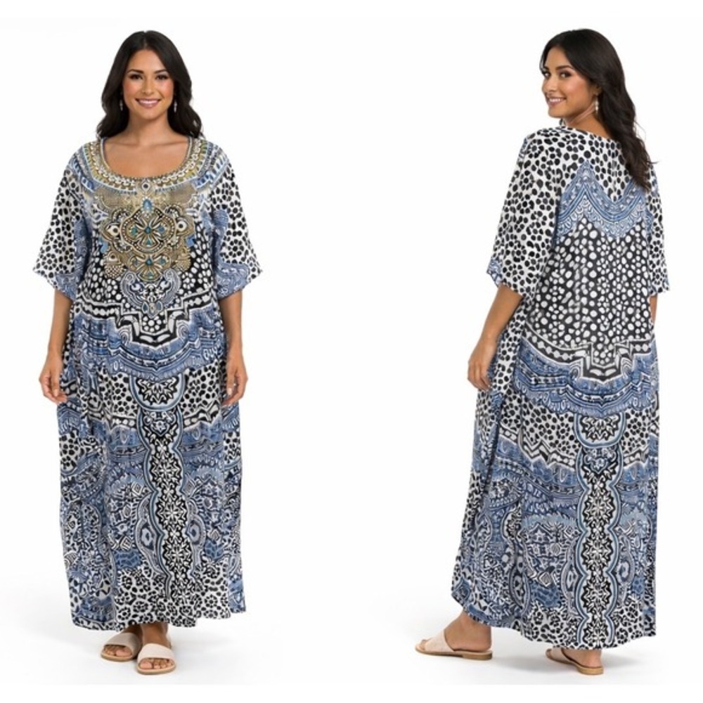 Miss Lavish London Blue White Geo Paisley Embellished‎ Kaftan Dress 14-18 88-75